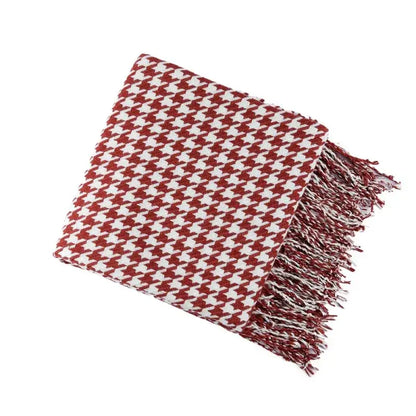 Houndstooth black & white throw blanket living room fringed decor