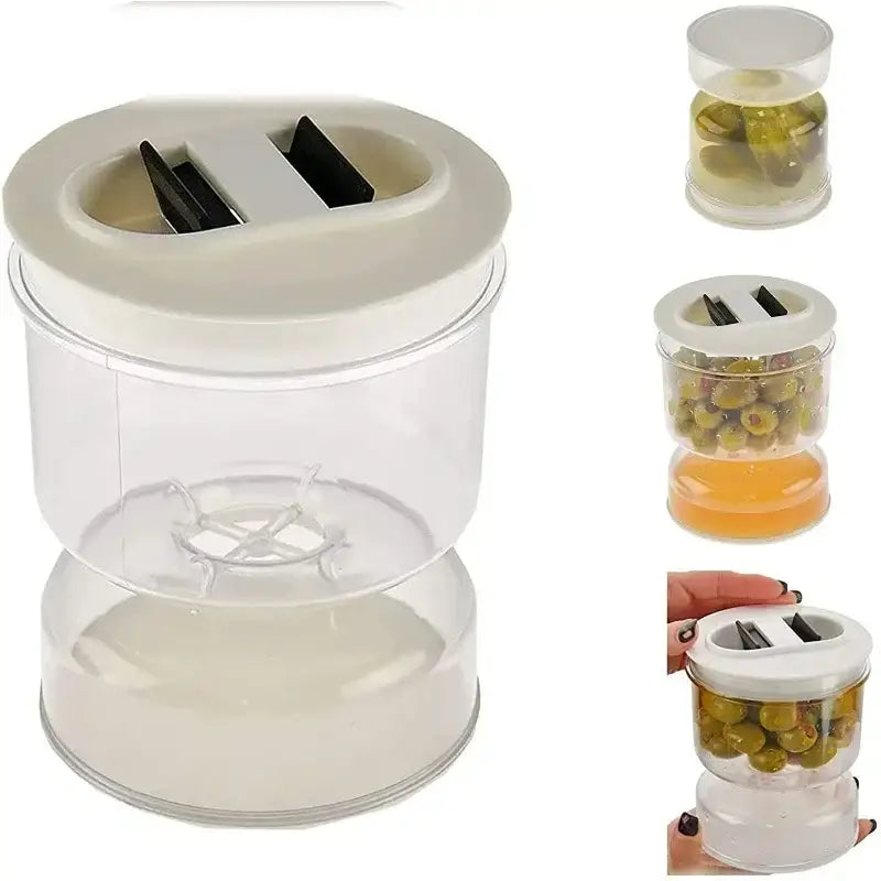 Hourglass pickle and olive dispenser jar with slicer for kitchen