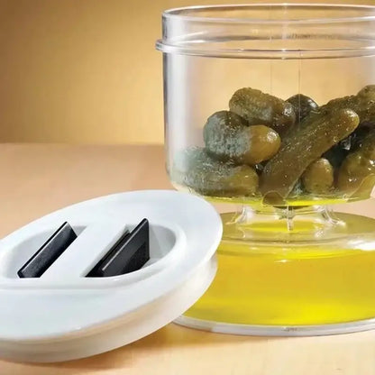 Hourglass pickle and olive dispenser jar with slicer for kitchen