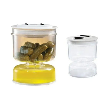 Hourglass pickle and olive dispenser jar with slicer for kitchen