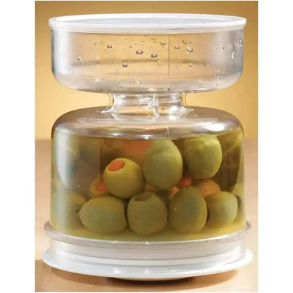 Hourglass pickle and olive dispenser jar with slicer for kitchen
