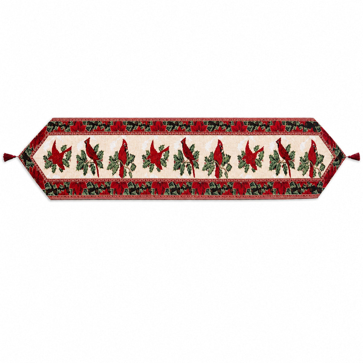 Cardinal, Mistletoe Poinsettia Christmas Tablecloth Holiday Runner 77 Inches