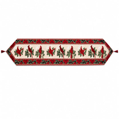 Cardinal, Mistletoe Poinsettia Christmas Tablecloth Holiday Runner 77 Inches