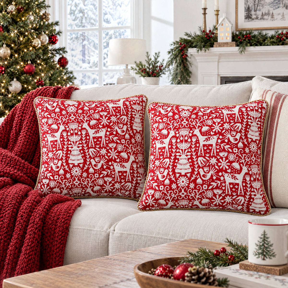 Set of 2 White Deer in the Woods Christmas Throw Cushion Pillow Covers