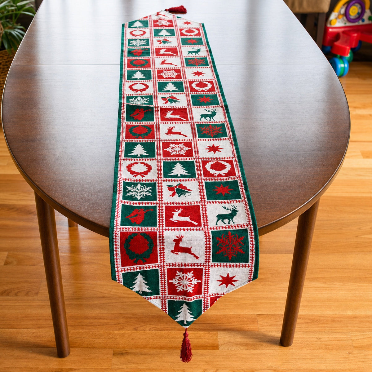 Reindeer Square Patterns Christmas Tablecloth Holiday Runner 75 Inches