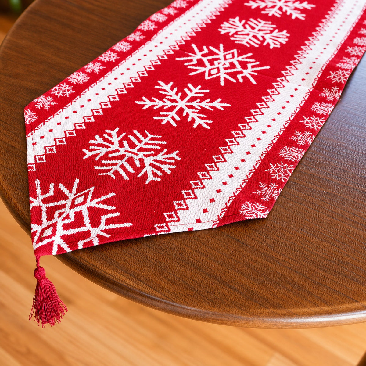 Snowflakes on Red Pattern Christmas Tablecloth Holiday Runner 76.5 Inches