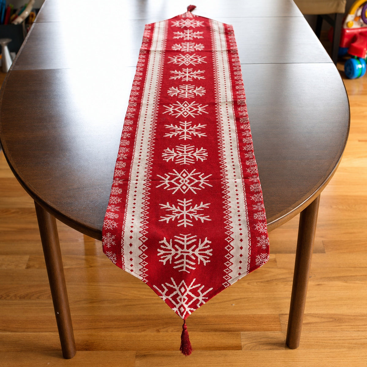 Snowflakes on Red Pattern Christmas Tablecloth Holiday Runner 76.5 Inches