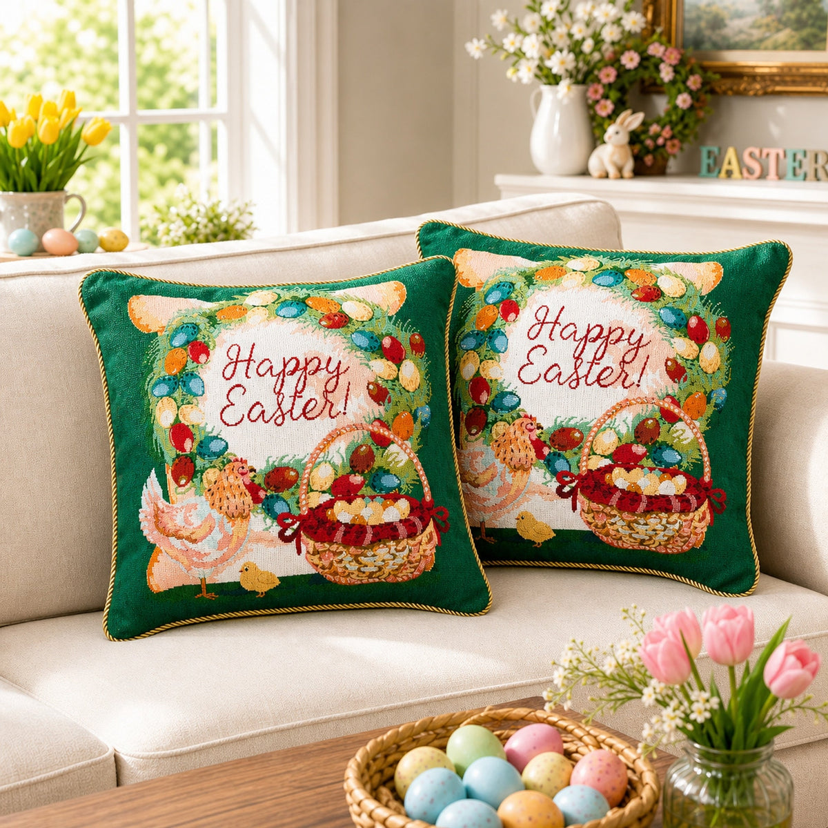 Set of 2 Happy Easter & Easter Eggs Throw Pillow Covers