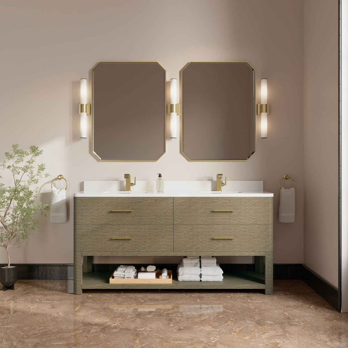 James Martin Lucian 72" Double Bathroom Vanity, Pebble Oak