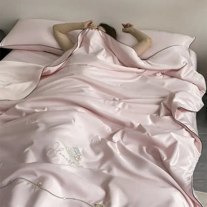 Ice rayon summer quilt cream bear floral embroidery bedroom blanket