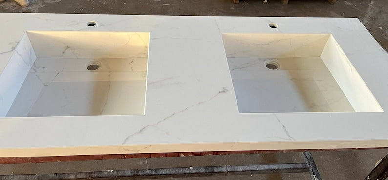 Double Sink Integrated Custom Calacatta Lincoln Polished Porcelain Countertop (ES-081)