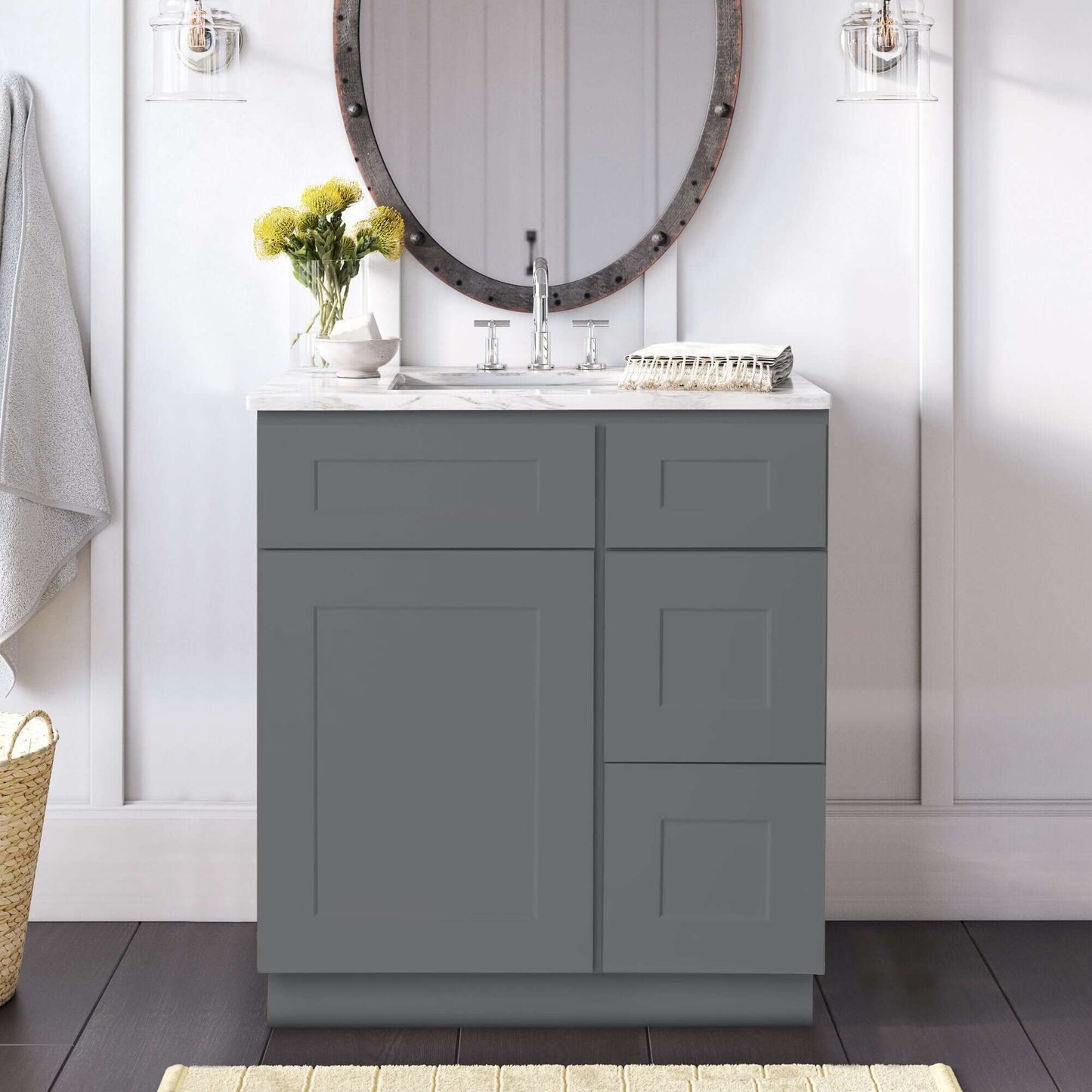 30 Inch Grey Shaker Single Sink Bathroom Vanity with Drawers on the Right