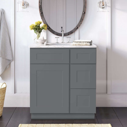 30 Inch Grey Shaker Single Sink Bathroom Vanity with Drawers on the Right