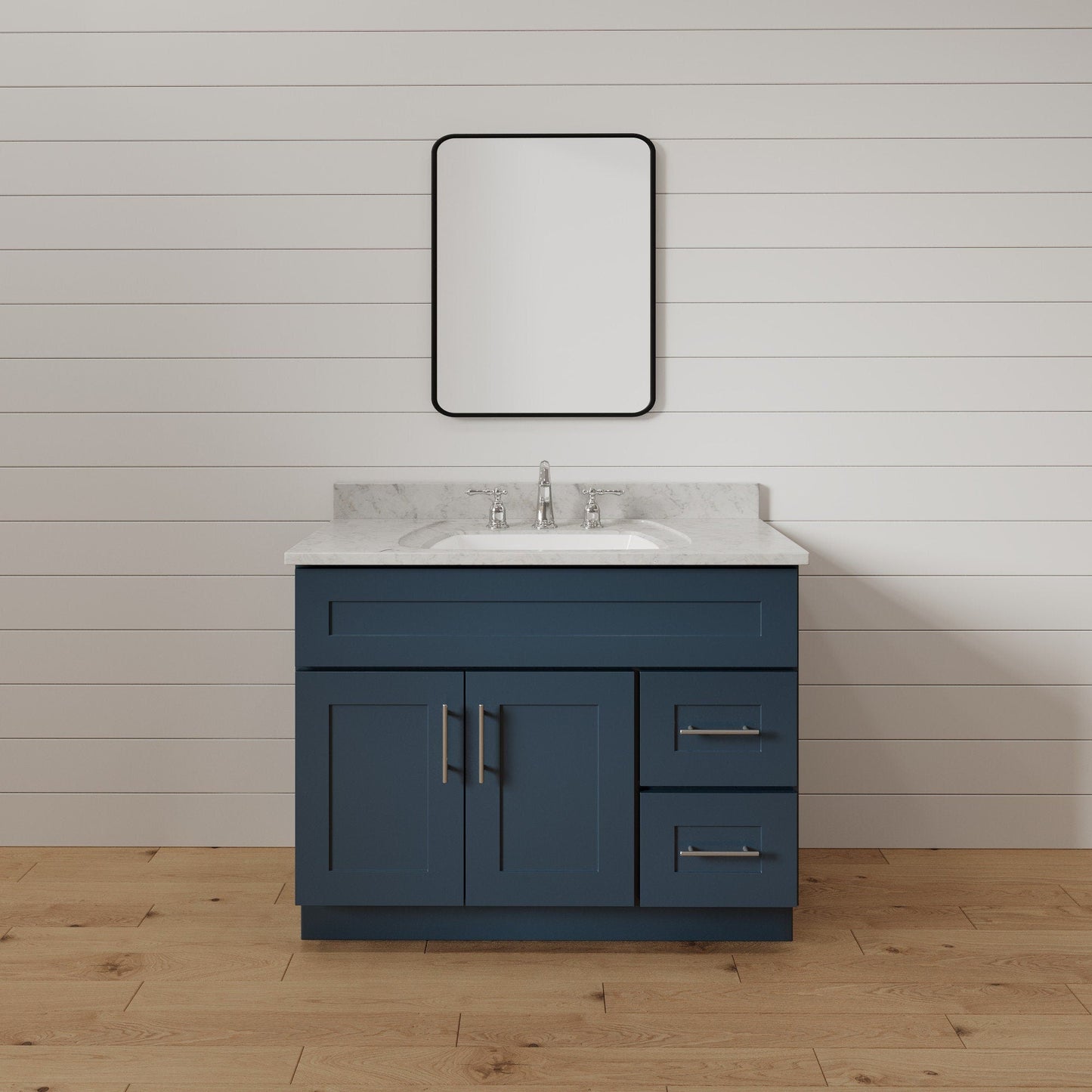 36 Inch Navy Blue Shaker Single Sink Bathroom Vanity with Drawers on the Right