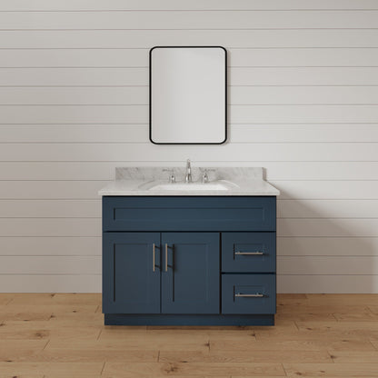36 Inch Navy Blue Shaker Single Sink Bathroom Vanity with Drawers on the Right