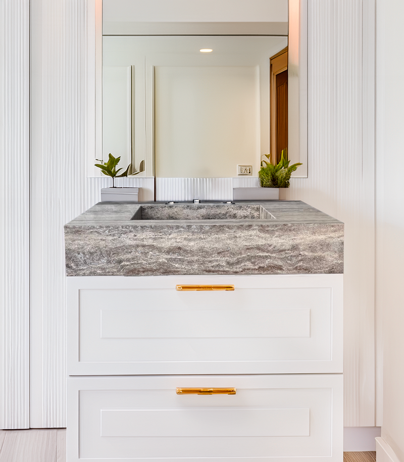 Silver Travertine Handcrafted Natural Stone Bathroom Vessel Sink