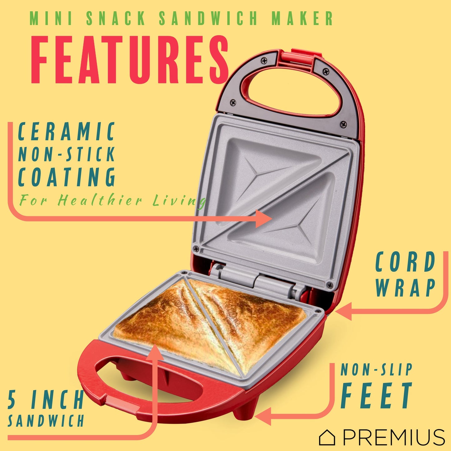 PREMIUS Ceramic Non-Stick Mini Snack Sandwich Maker, 5x4.4 Inch Mold