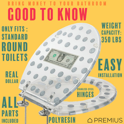 PREMIUS Polyresin Dollar Bill & Coins Money Toilet Seat, Clear, Standard Round, 17 Inches