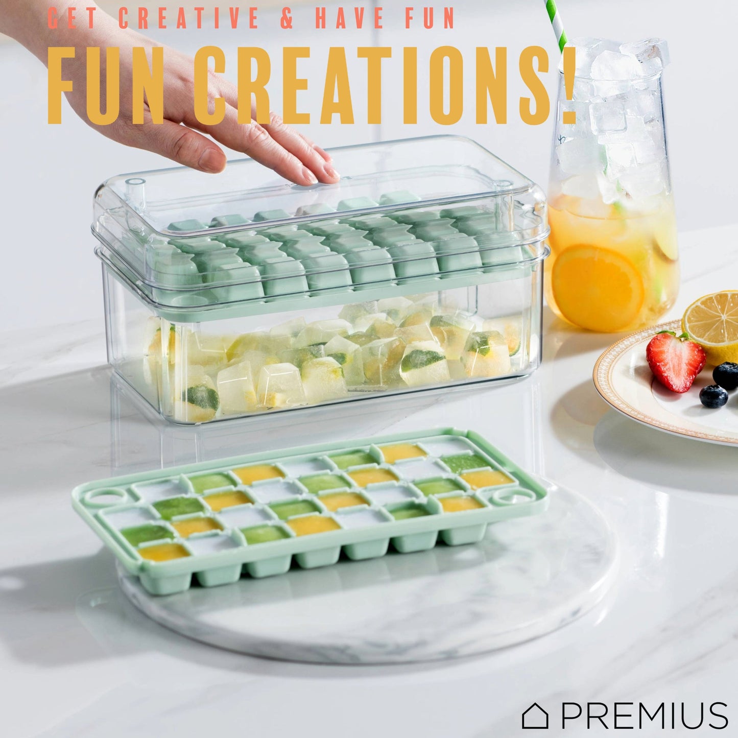 PREMIUS 2 Tray Ice Cube Tray with Container and Scoop, Green-Clear