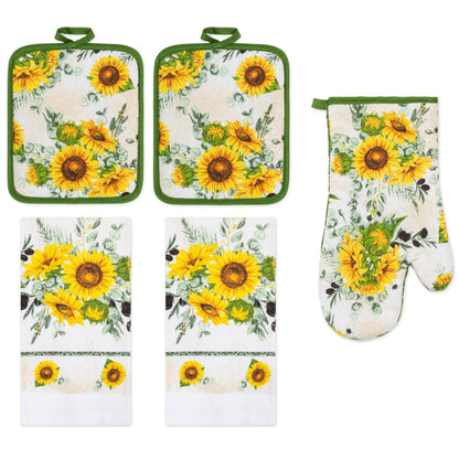 PREMIUS 5 Piece Printed Kitchen Linen Set, 2 Cotton Towels, 2 Pot Holders, 1 Oven Mitt