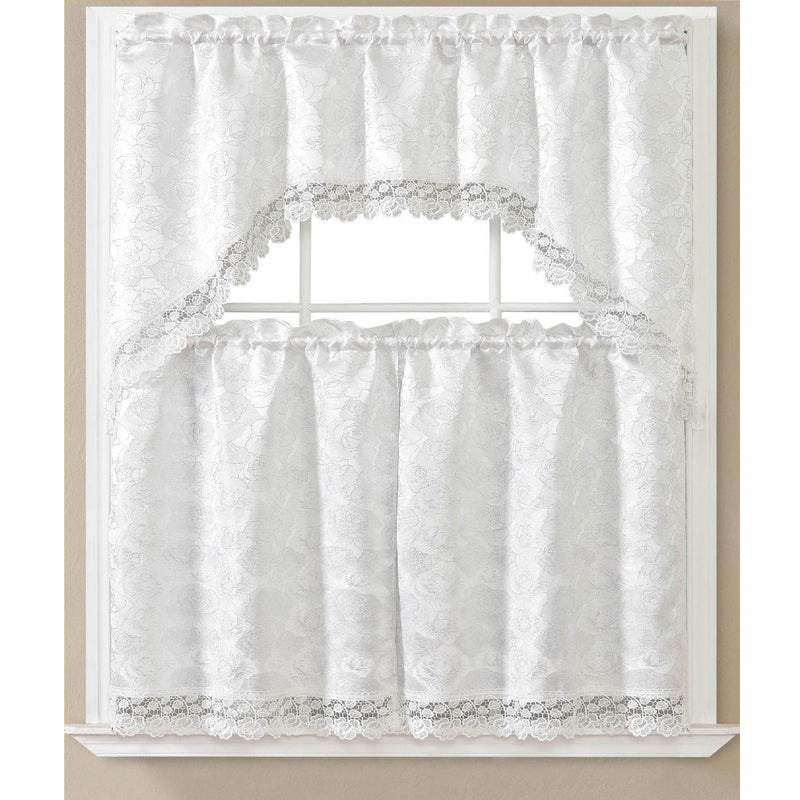 Sara 3 Piece Embroidered Kitchen Curtain Set, White-White, Swag 60x36, Tiers 30x36 Inches