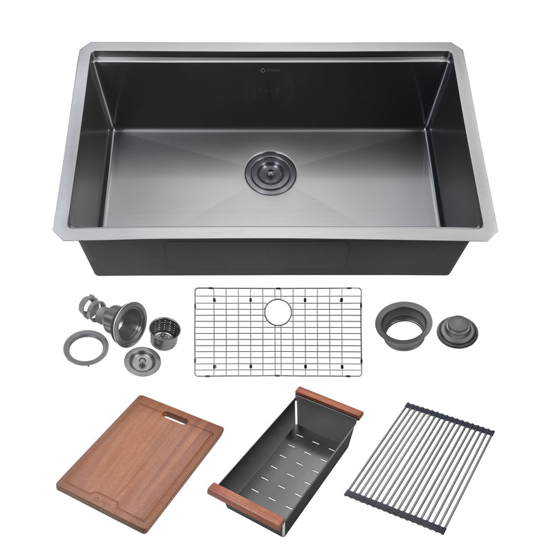 32" Workstation Single Bowl Gunmetal Matte Black Undermount / Drop-In Kitchen Sink With Accessories PVD Nano Tech Coating ENZO ZW-B329