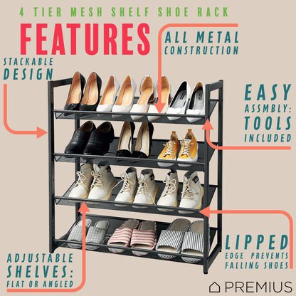 PREMIUS 4 Layer Mesh Shelf Shoe Rack, Black, 29.9x29.1x12 Inches