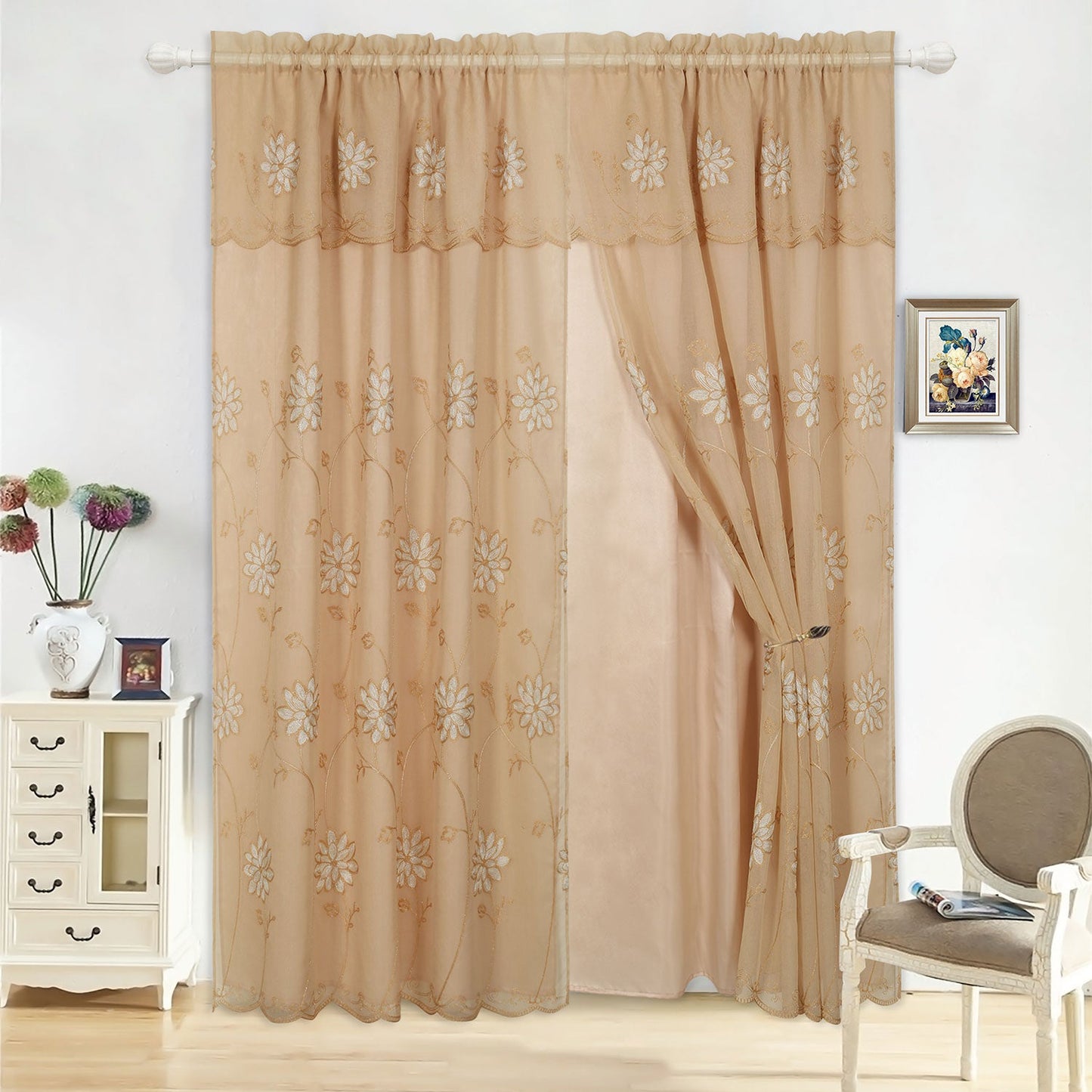 Alice Floral Embroidered Panel With Valance and Backing, 55x84 Inches