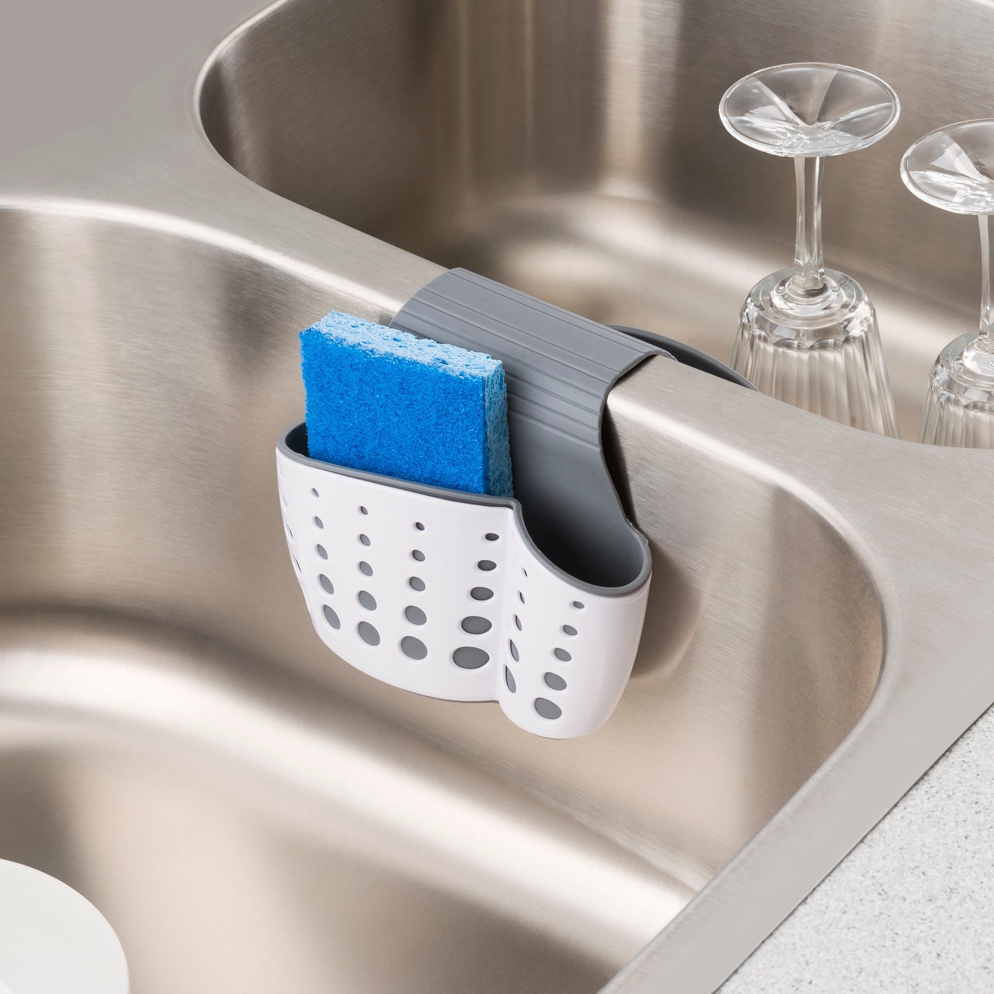 Home Basics Draining Dual Sink Saddle, White-Grey