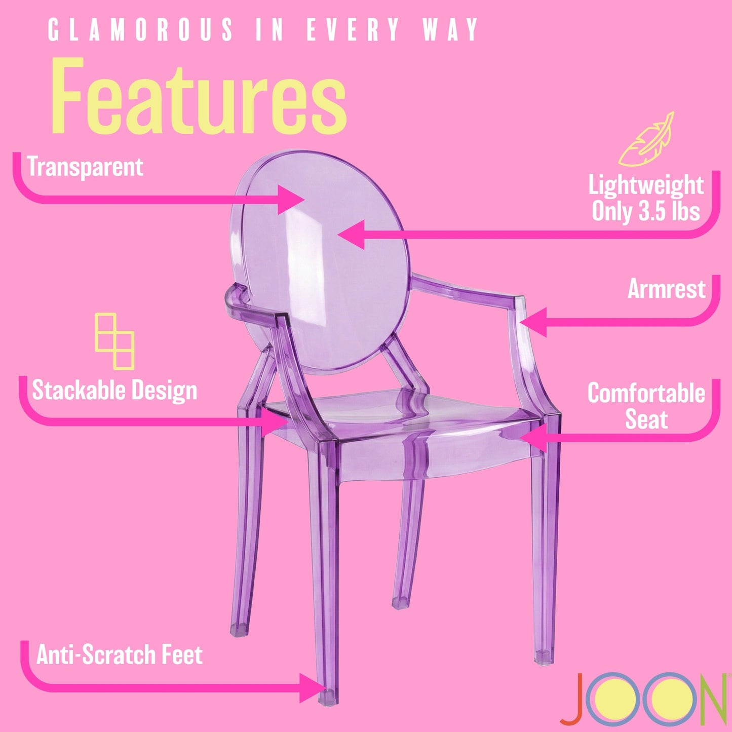 JOON 2 Pack Kids Ghost Chairs with Armrest, 25x13x14.5 Inches, Transparent