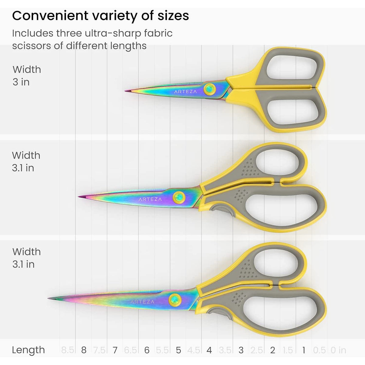 ARTEZA Titanium-Coated Stainless Steel Fabric Scissors, Set of 3 – 7, 8.25, and 9 Inches