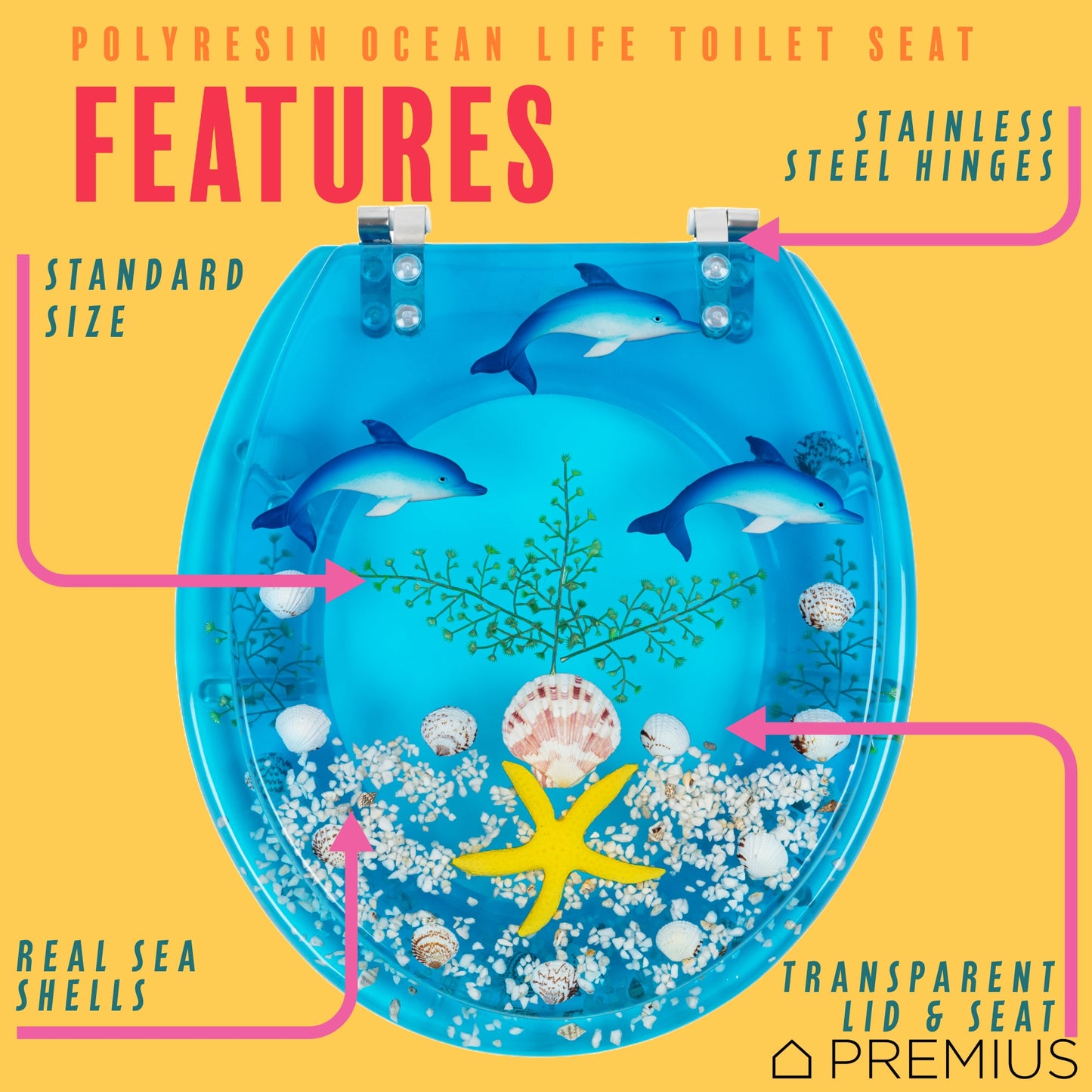 PREMIUS Polyresin Ocean Life Dolphins Toilet Seat, Clear-Blue, Standard Round, 17 Inches