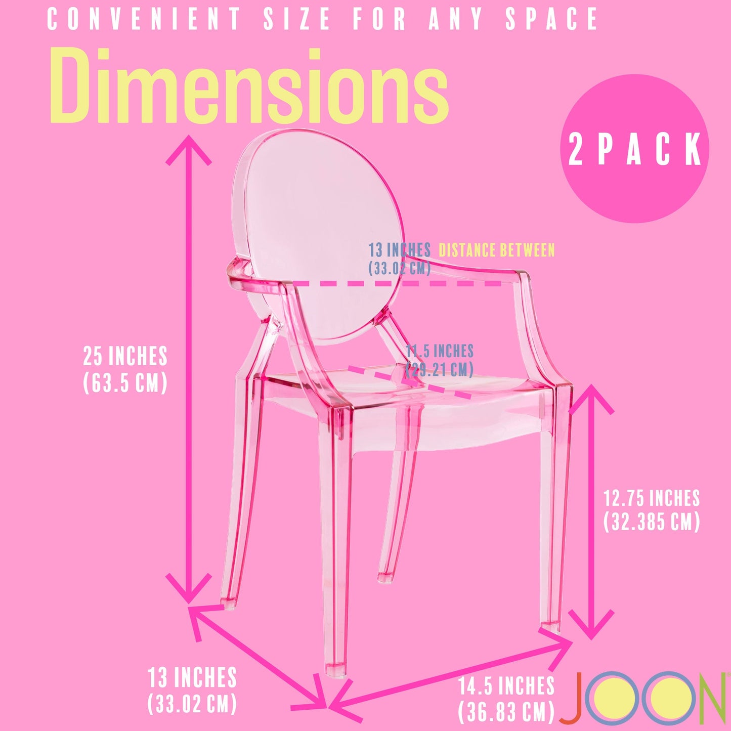 JOON 2 Pack Kids Ghost Chairs with Armrest, 25x13x14.5 Inches, Transparent