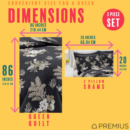 PREMIUS Mia 3 Piece Microfiber Wrinkle-Free Quilt Set, Black-Taupe