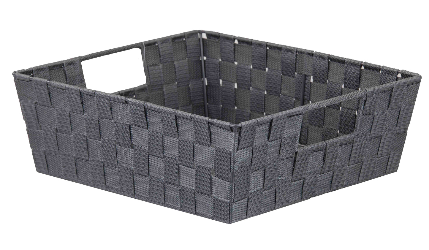 Home Basics Polyester Woven Strap Storage Basket Tray, Gray, Large, 15x13x5 Inches