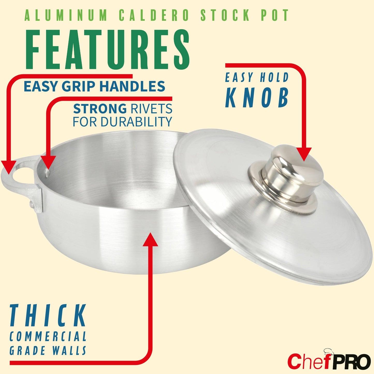 Chef Pro Commercial Grade Aluminum Caldero Stock Pot, Silver, 13.3 Quarts