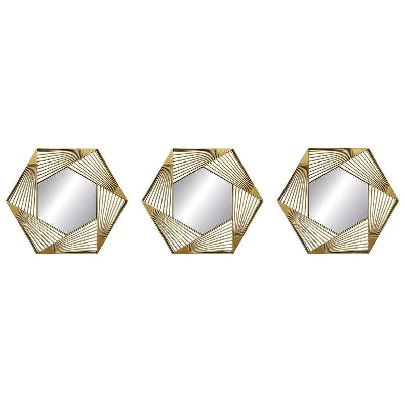 PREMIUS 3 Piece Plastic Mesh Hexagon Wall Decor Mirror Set, Gold, 10 Inches