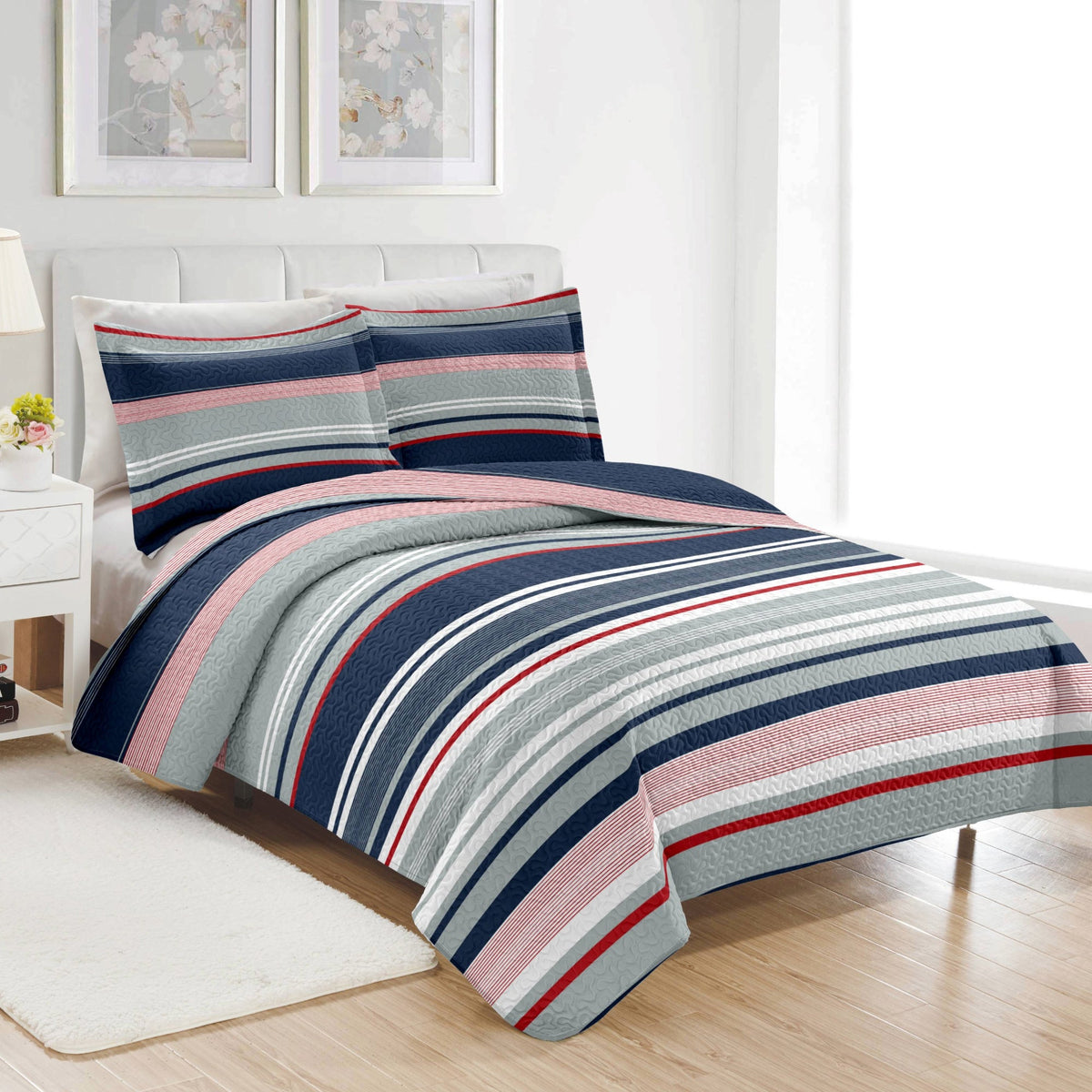 PREMIUS Mateo 3 Piece Microfiber Wrinkle-Free Quilt Set, Blue-Multi-Striped