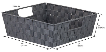Home Basics Polyester Woven Strap Storage Basket Tray, Gray, Large, 15x13x5 Inches