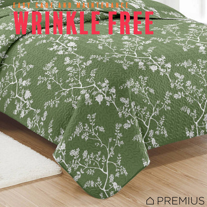 PREMIUS Fernando 3 Piece Microfiber Wrinkle-Free Quilt Set, Green-White
