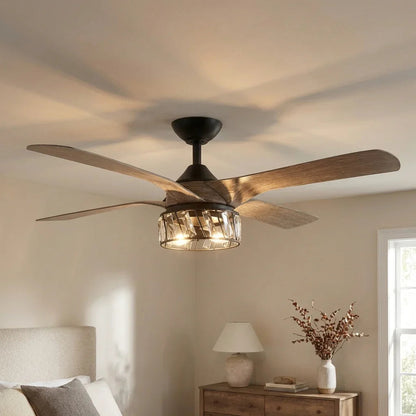 52" Tata Nagar Farmhouse Downrod Mount Reversible Crystal Ceiling Fan with Lighting and Remote Control