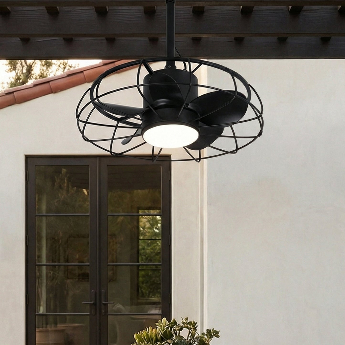 20 Inch Vistula Outdoor DC Motor Black Industrial Hanging Buckle Downrod Ceiling Fan with Light