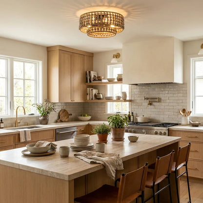 Farmhouse 3-Light Wood Beaded Flush Mount Ceiling Lights