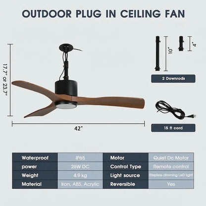 42 Inch Patio Guard IP65 Outdoor DC Motor Black Modern Hanging Buckle Downrod Ceiling Fan with Light