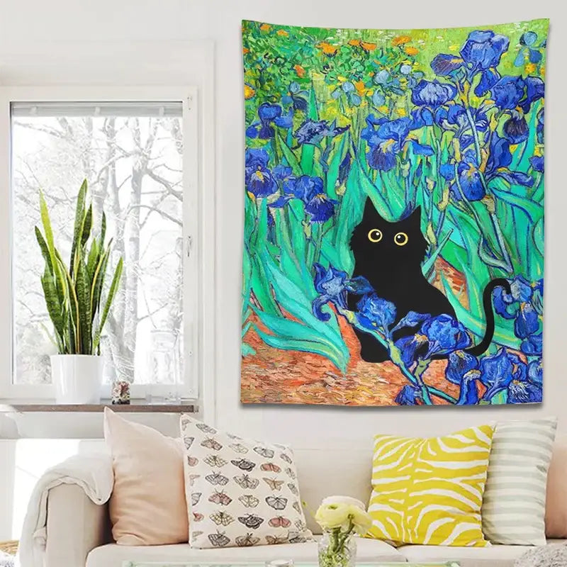 Impressionistic irises cat tapestry bedroom wall art