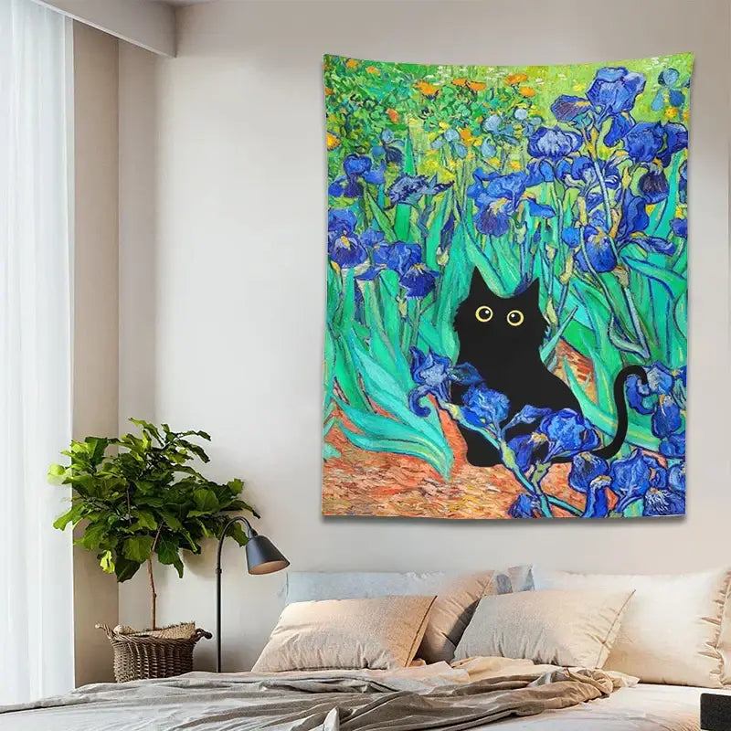 Impressionistic irises cat tapestry bedroom wall art