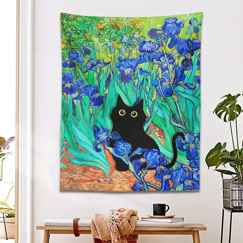 Impressionistic irises cat tapestry bedroom wall art