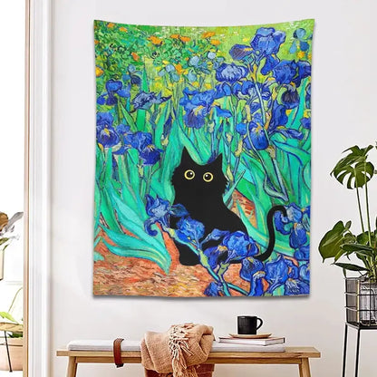 Impressionistic irises cat tapestry bedroom wall art