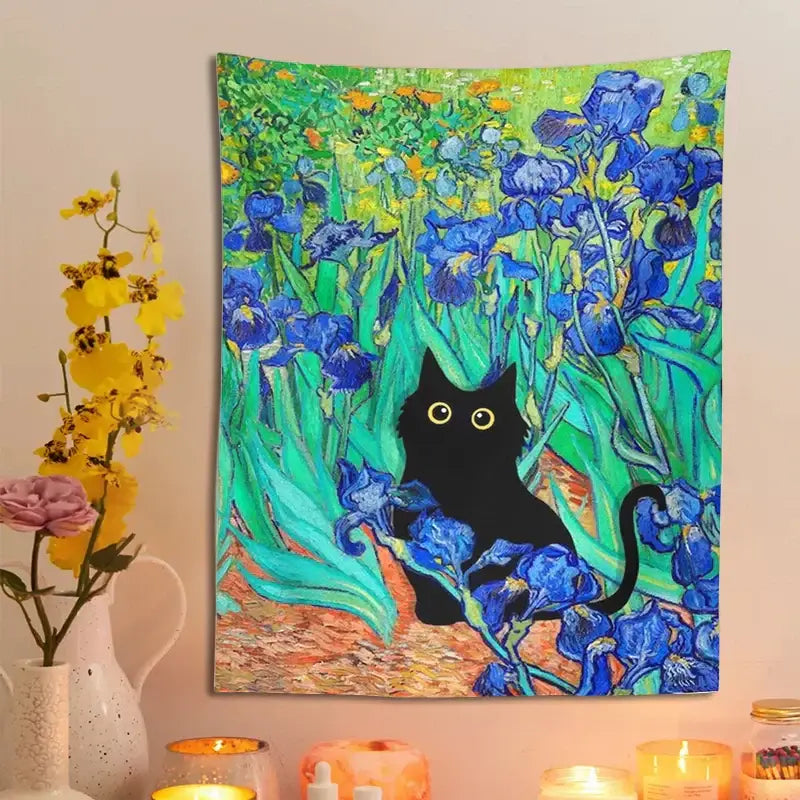 Impressionistic irises cat tapestry bedroom wall art
