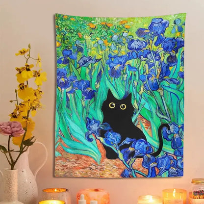 Impressionistic irises cat tapestry bedroom wall art